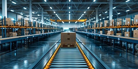 Optimizing Warehouse Operations with Conveyor Belt System for Shipping to High Shelves and Loaders. Concept Warehouse Operations, Conveyor Belt System, Shipping Efficiency, High Shelf Storage - obrazy, fototapety, plakaty