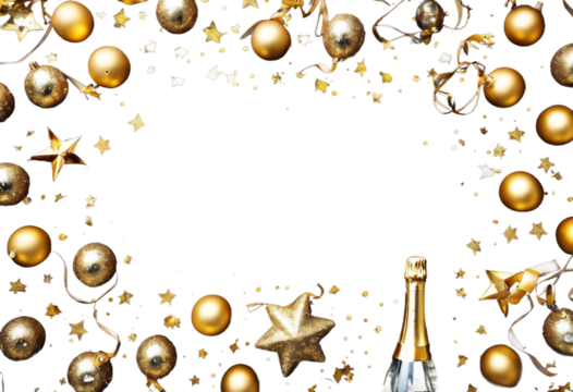 golden Christmas lay Year confetti decorations Flat bottle view. balls concept black Champagne background New star festive background. card. ribbons Party holiday top champaign gift yea