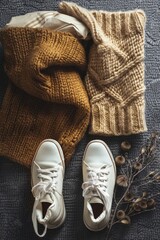 White sneakers and a scarf placed on a carpet, suitable for fashion or lifestyle concepts