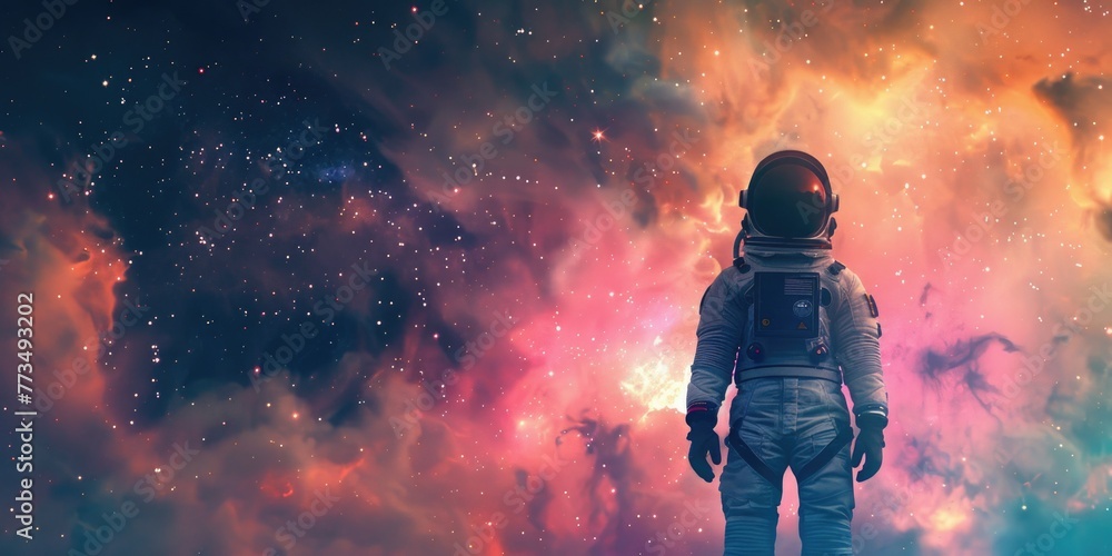 Poster astronaut standing in front of a colorful galaxy, suitable for science fiction themes