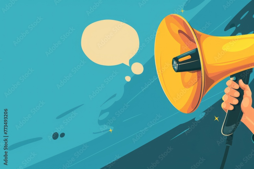 Poster a hand holding a megaphone with a speech bubble above it. perfect for advertising or communication c