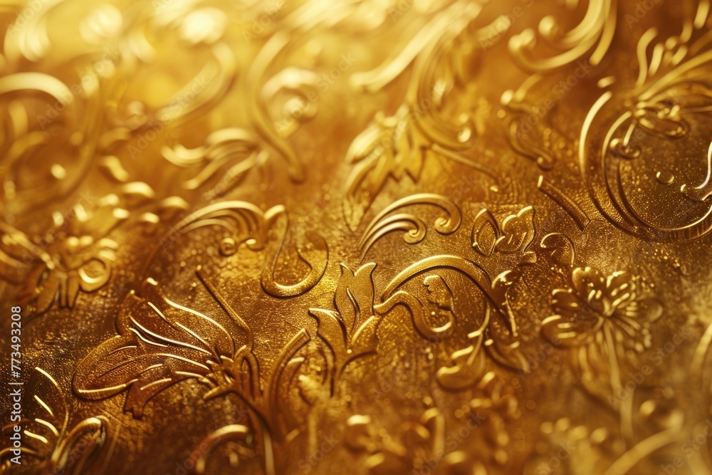 Poster close up of a gold plate with intricate designs, suitable for various design projects