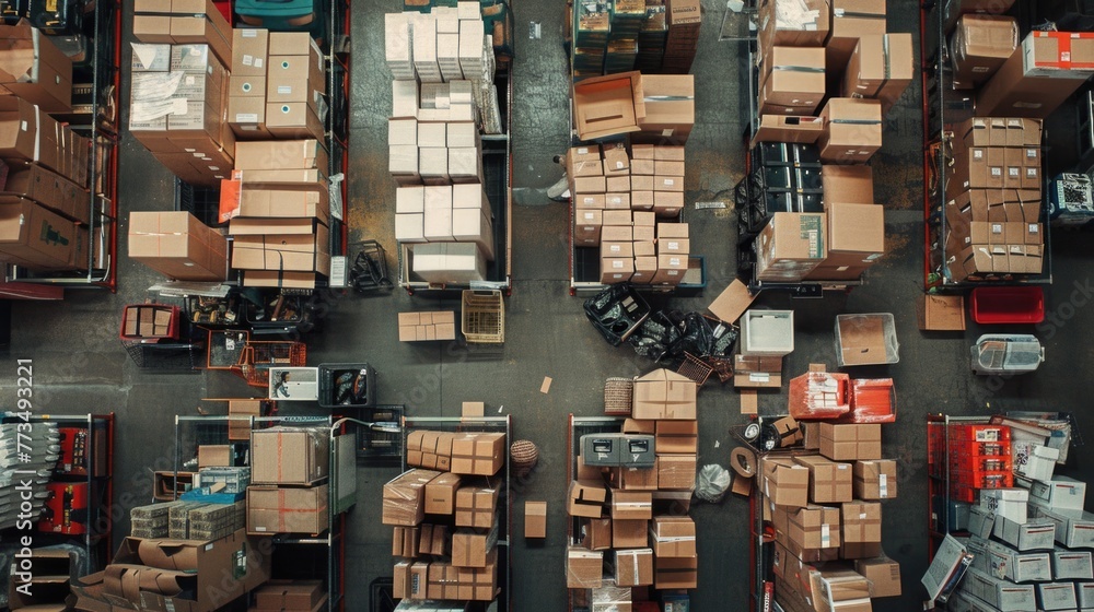 Poster a large warehouse filled with boxes. perfect for industrial and storage concepts