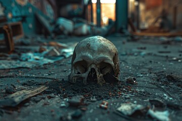 A skull sitting in a dirty room. Perfect for Halloween decorations