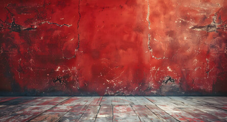 Red Interior with Distressed Wooden Floor and Cracked Walls