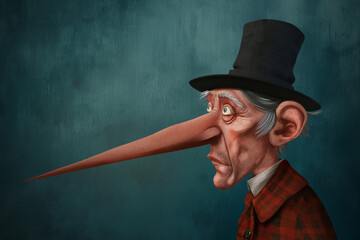 Illustration of an old man with long nose suggesting that he is lying - obrazy, fototapety, plakaty