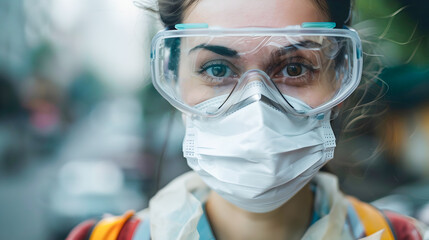 Urban Woman in Protective Gear Labor Medicalcore and Science Style - obrazy, fototapety, plakaty