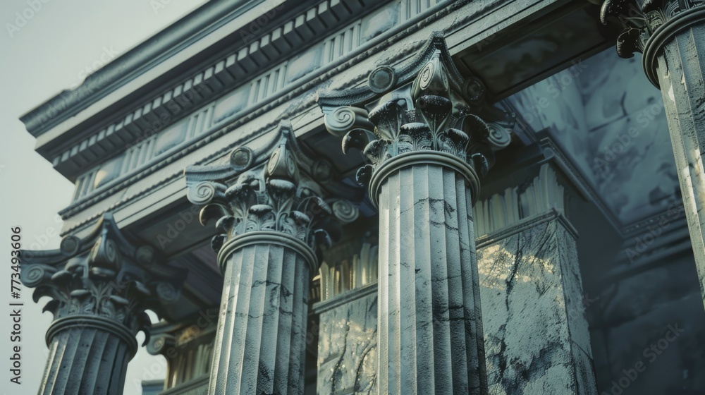 Poster Close up of a building with columns and a clock, suitable for architectural concepts