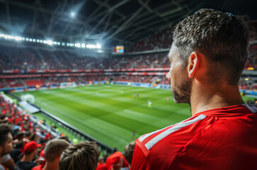 
A man looks at the football field at the stadium. A guy with a fashionable hairstyle stands with his back to the camera.
Concept: Sports events and fans, active recreation, football matches