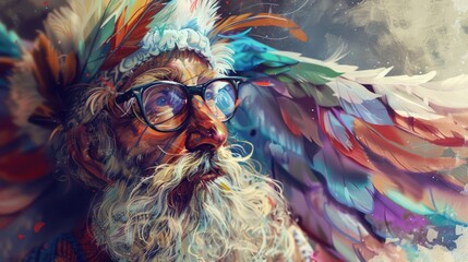 A painting of a man with feathers on his head. Perfect for artistic projects - obrazy, fototapety, plakaty