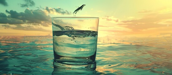 A fish jumps out of a glass of water, caught mid-leap, showcasing a moment of surprise and playfulness. 🐟💦 #SplashOfLife - obrazy, fototapety, plakaty