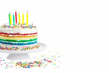 Birthday colorful cake decorated with sweets on a blue background poured with chocolate. 