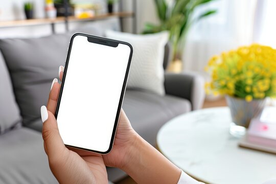 The left hand of a woman with manicure is holding an iPhone. The phone interface is blank. Do not cover the phone interface with your fingers. Rush towards the screen. 