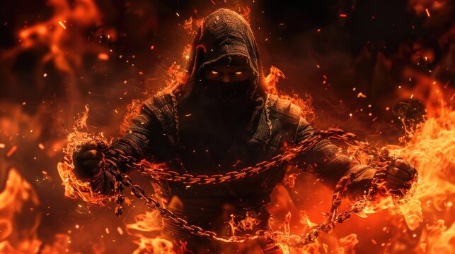 A man in a hoodie chained to a fire, suitable for concepts of imprisonment or struggle