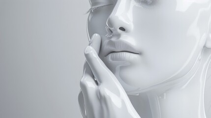 Close up of a woman's face with her hands near her face. Suitable for beauty or skincare concepts
