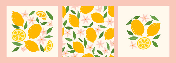 Collection modern abstract prints and seamless pattern with lemons, flowers and leaves. Modern abstract art poster. Set of citrus tropical fruits. Summer vector design for card, wrap paper, fabric.