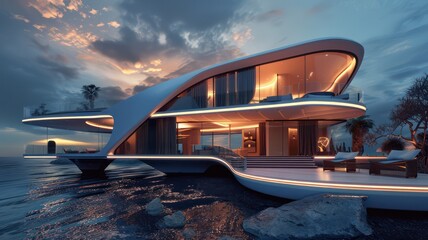 Futuristic modern villa at the coast created with Generative AI - obrazy, fototapety, plakaty