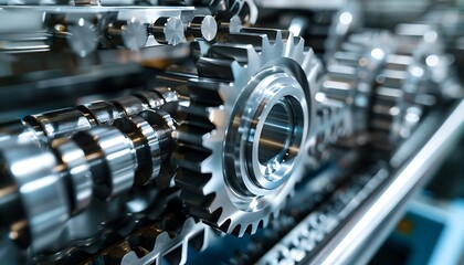 Fototapeta premium Precision Engineering Displayed Macro View of Interlocked Gears & Cogs in Machine