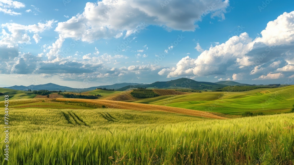 Aufkleber a scenic view of green grass field with majestic mountains in the background. perfect for nature and