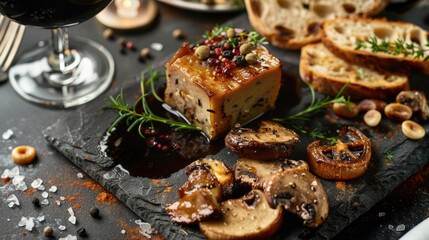 A plate of food with a glass of wine, perfect for restaurant menus