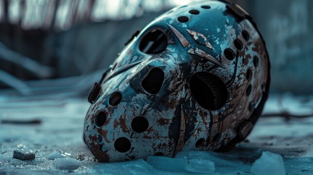 A hockey mask resting on a pile of ice, perfect for sports or winter-themed projects