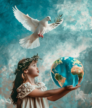 Beautiful illustration representing a girl holding a ball with the Earth planet pattern and a peace dove flying above her head, with a branch of olive tree, symbol of hope and freedom on cloudy sky
