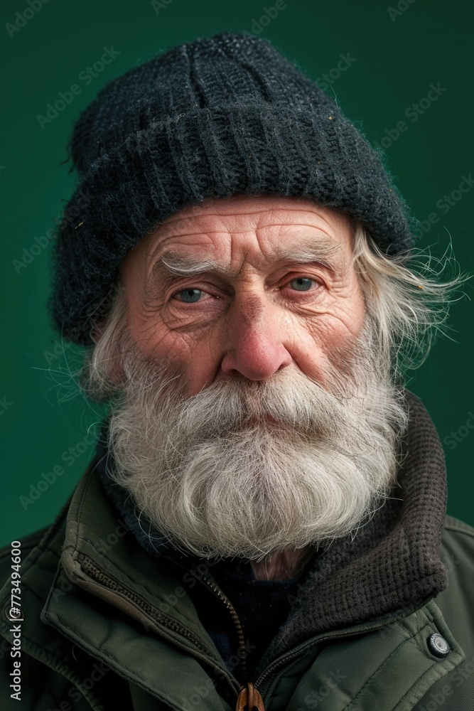 Poster a man with a beard wearing a black hat. suitable for various concepts and designs