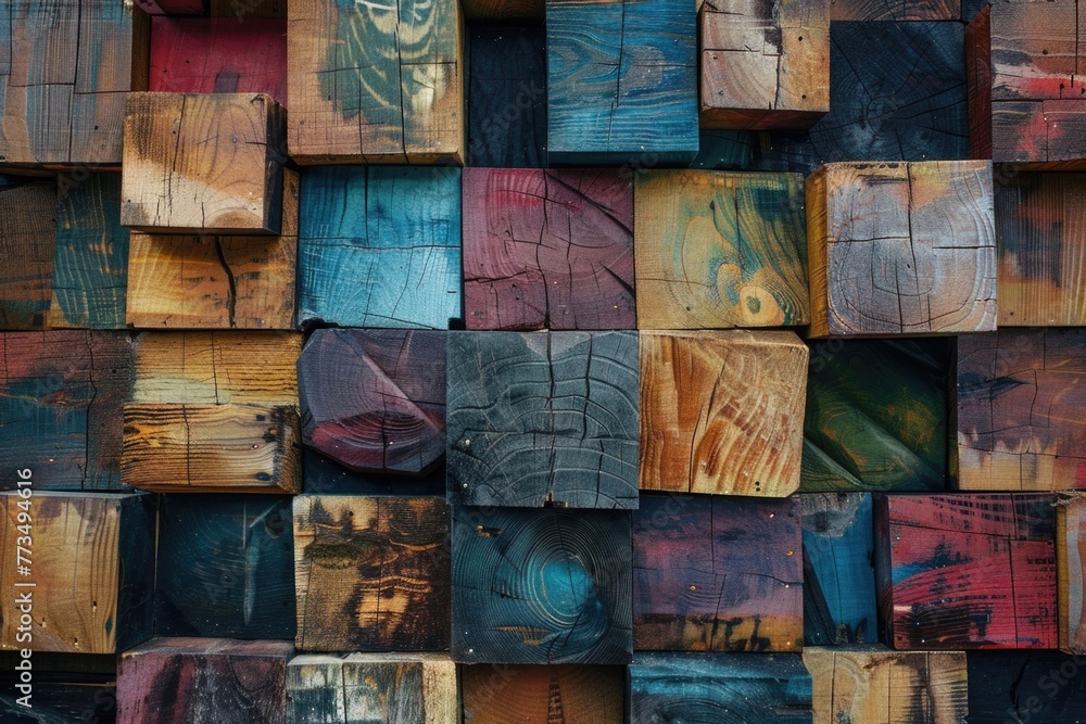 Poster close up view of a bunch of wooden blocks. ideal for educational and construction concepts
