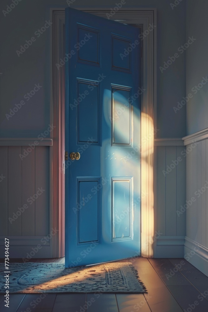 Poster blue door open in room, versatile image for various projects