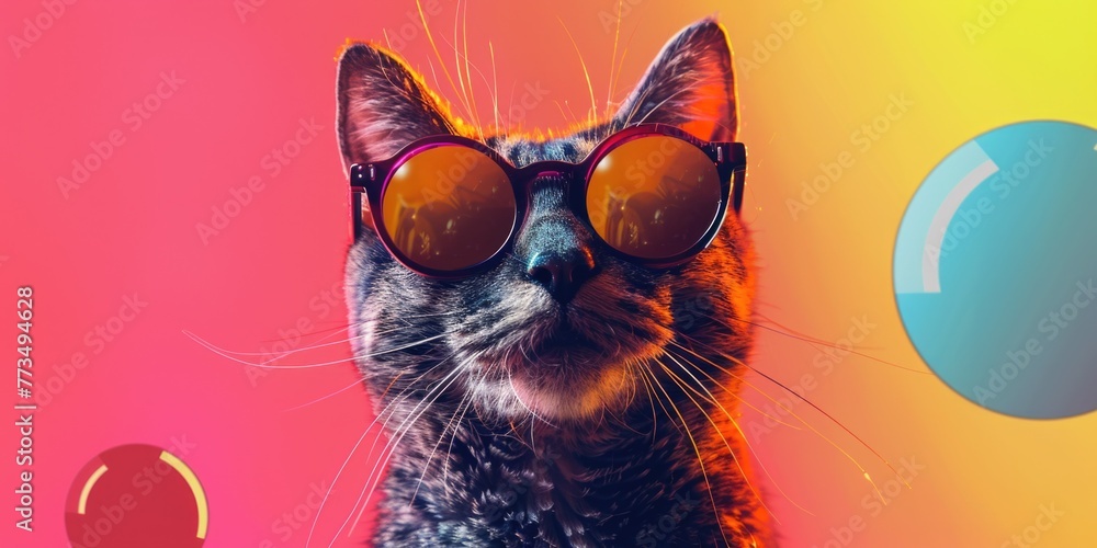 Poster a stylish cat wearing sunglasses on a colorful background. perfect for adding some fun to your desig