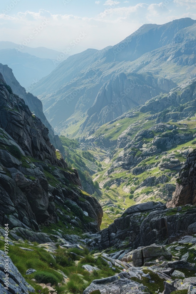 Poster a stunning view of a valley and mountains from the top of a mountain. perfect for travel and nature 