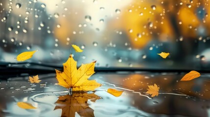 Autumn vehicle concept Wipers clear rain from car window Empty window for message with yellow maple leafs Selective focus copy space image - Powered by Adobe