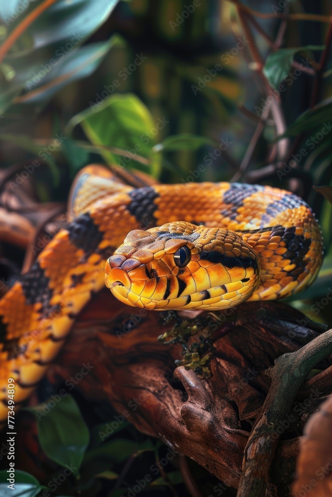 Poster Close up of a snake on a branch. Suitable for nature and wildlife themes