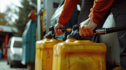 A person filling up a yellow container with gas. Ideal for illustrating fuel storage or emergency preparedness - obrazy, fototapety, plakaty