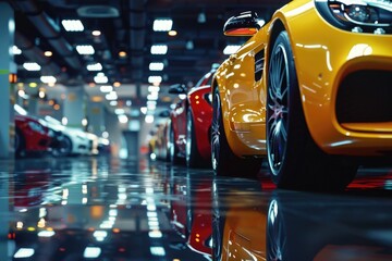 Row of sports cars parked in a garage. Suitable for automotive industry promotions