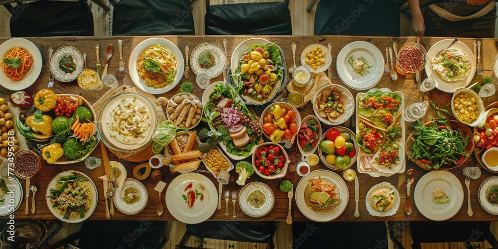 Poster a diverse selection of food items on a long table. ideal for food and catering concepts