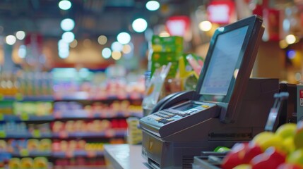 A cash register in a grocery store. Suitable for business concepts - obrazy, fototapety, plakaty