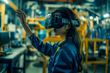 Female industrial engineer using VR technology for industrial design, development and prototyping at her workplace in factory. Future, technology and industry concept