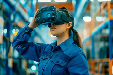 Female industrial engineer using VR technology for industrial design, development and prototyping at her workplace in factory. Future, technology and industry concept