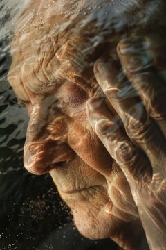 An image of an elderly woman looking worried with her hands on her face. Suitable for concepts of stress, anxiety, and mental health