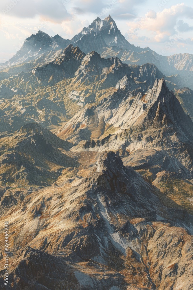 Poster Scenic view of mountain range from a plane, suitable for travel and adventure concepts