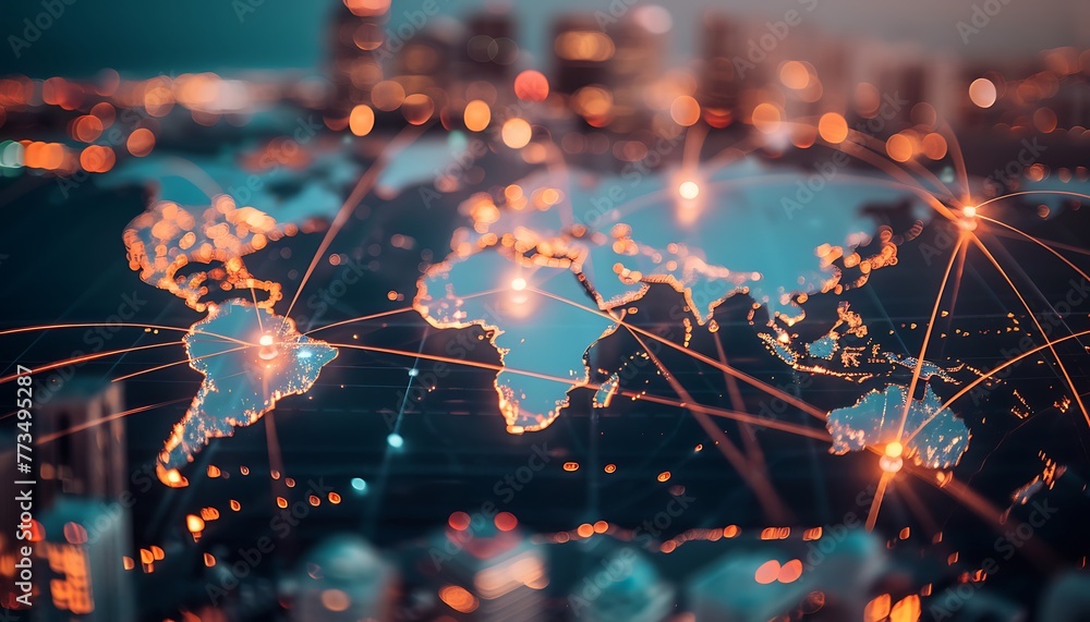 Aufkleber world map displaying illuminated lines linking key financial hubs