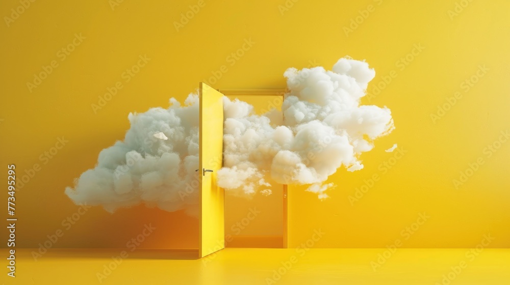Poster A yellow door with a cloud coming out of it, suitable for various concepts
