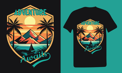 Adventure awaits vector retro t-shirt design. Holiday outdoor travel t-shirt vector graphic illustration with mountain, silhouette, trees with sun in vintage style.