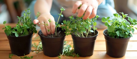 Close-up of small hands planting herb seeds in pots, cultivating a cozy indoor herb garden in a family home - obrazy, fototapety, plakaty