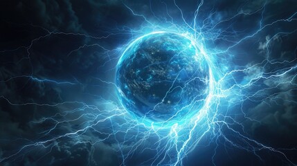 A blue ball with lightning in the middle of it. Suitable for technology concepts