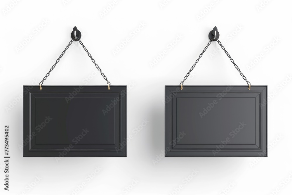 Poster two empty black frames hanging on a chain. perfect for interior design projects