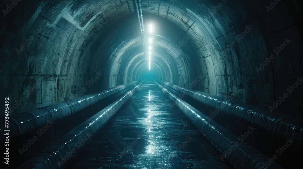 Poster a dark tunnel with a shining light at the end. suitable for concepts of hope, success, and overcomin