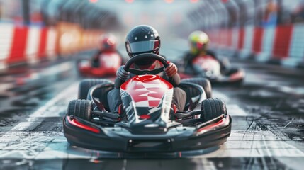 Two go-karts racing down a track. Perfect for sports and competition concepts - obrazy, fototapety, plakaty