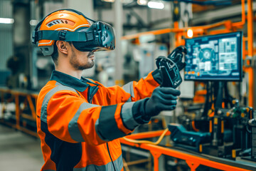 Caucasian male industrial engineer using VR technology for industrial design, development and prototyping at his workplace in factory. Future, technology and industry concept